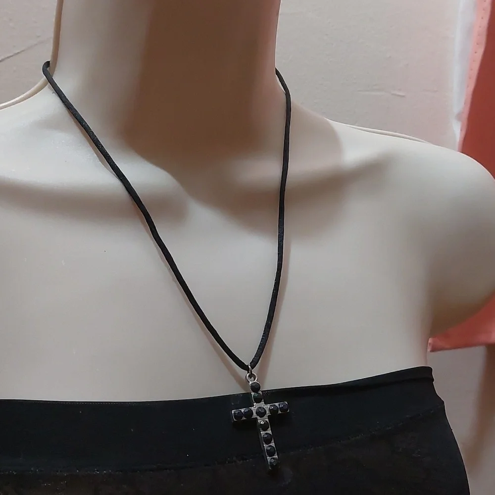 Silver Tone Pendant Paved with Black Rhinestones on Black Cord Necklace - Picture 2 of 6
